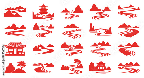 Collection of Japanese and Chinese landscape elements, pagodas, bridges, mountains, rivers, and trees, all rendered in a minimalist red vector style for decorative or conceptual use