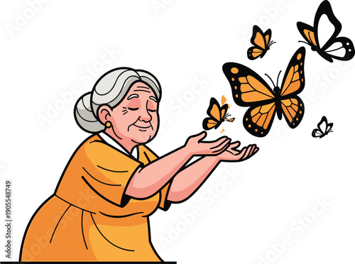 Elderly Woman Reaching for Butterflies.