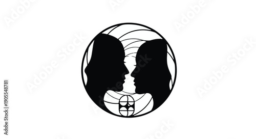 Silhouettes of two people facing each other in circular design
