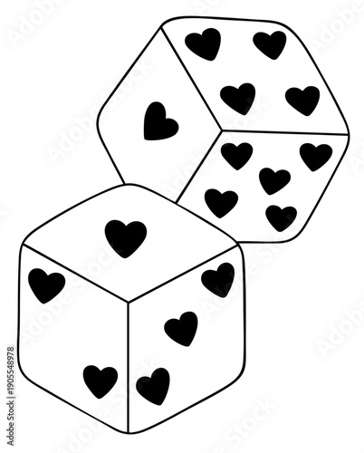 Romantic dice with heart symbols, Valentine’s Day love themed game cubes in black and white for February 14 design