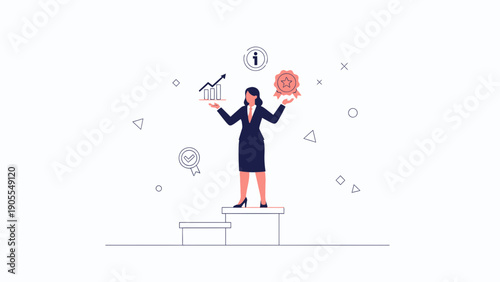 Businesswoman balancing growth chart and award on pedestal, success concept