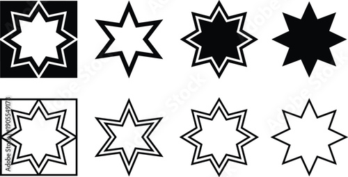 Abstract eight point star icons set black and white geometric shapes minimal vector symbols for logo design branding ui interface app web
