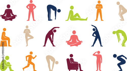 Colorful human activity and yoga pose icon set showing fitness exercises, stretching, meditation, and daily movements in flat vector illustration style