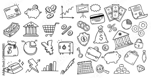 Hand Drawn Bank and Finance Doodle Illustration Set