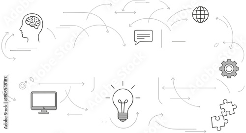 Creative brainstorming and logical thinking illustration with brain lightbulb gear and puzzle icons with connecting arrows for problem solving and innovation