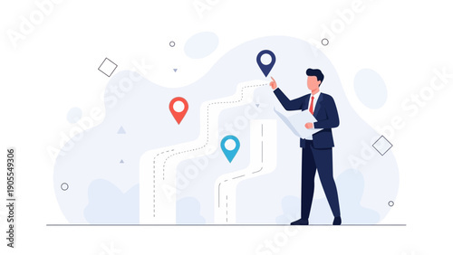 Businessman planning a route with map and navigation pins, strategy concept
