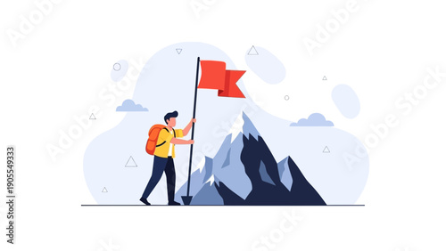 Man planting flag on mountain peak, achieving success and goals, teamwork illustration
