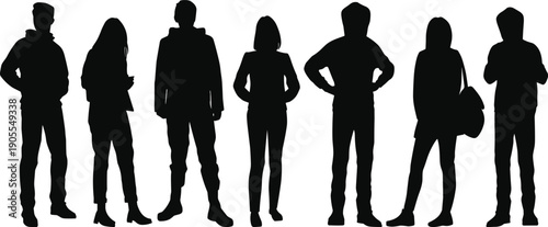 Group,of,people,silhouettes,standing,together,diverse,men,and,women,teamwork,community,unity,anonymous,figures,black,shadows,isolated,on,white