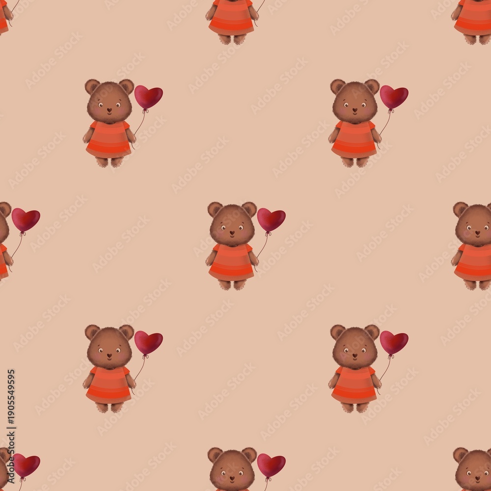Fototapeta premium Seamless cute bear pattern featuring an adorable cartoon bear in an orange dress holding a red heart balloon on a soft beige background