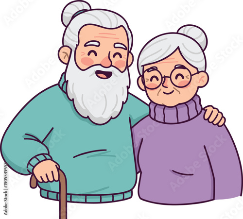 Cute elderly couple illustration with happy grandmother and grandfather smiling together in kawaii cartoon style isolated on white background for family