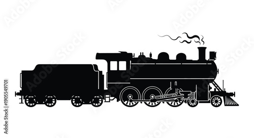 A striking black silhouette of a vintage steam locomotive with detailed features evoking nostalgia silhouette high quality professional modern elegant stylish clean