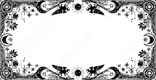 A mystical black and white vector border design with celestial and occult symbols
