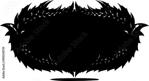 A black silhouette of a dragon's head with flames and spikes on a white background