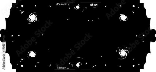 A minimalist vector graphic illustration of a galaxy with swirling vortex shapes on a black background