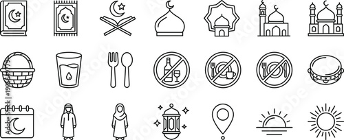 Ramadan and Islamic lifestyle line icon set featuring Quran, mosque, fasting symbols, prayer, lanterns, food rules, calendar, and crescent moon illustration collection