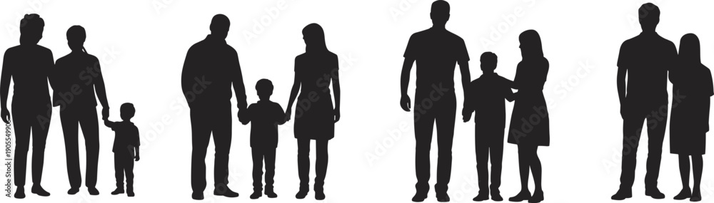Fototapeta premium family, silhouette, parents, children, standing, together, relationship, generation, love, care, unity, people, bonding, lifestyle, support, parenthood, childhood, society, protection, togetherness