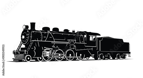 A detailed black depiction of a vintage steam locomotive showcasing its impressive mechanics silhouette high quality professional modern elegant stylish clean crisp
