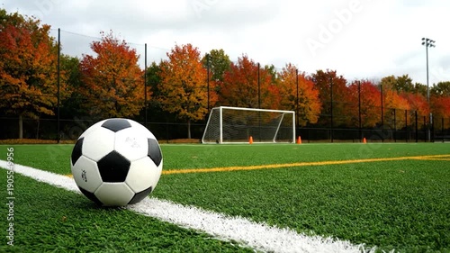 Soccer ball on a lush green field next to a goal, against a backdrop of autumn trees
