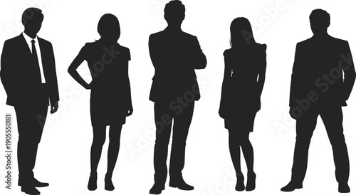 Business people silhouettes standing together, professional corporate team group, men and women figures isolated on white background
