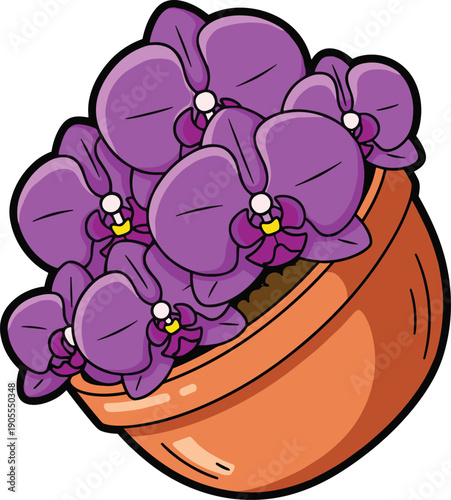 Purple Flowers in Clay Pot Illustration.