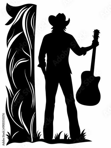 Cowboy Musician Silhouette Leaning on Tree with Acoustic Guitar