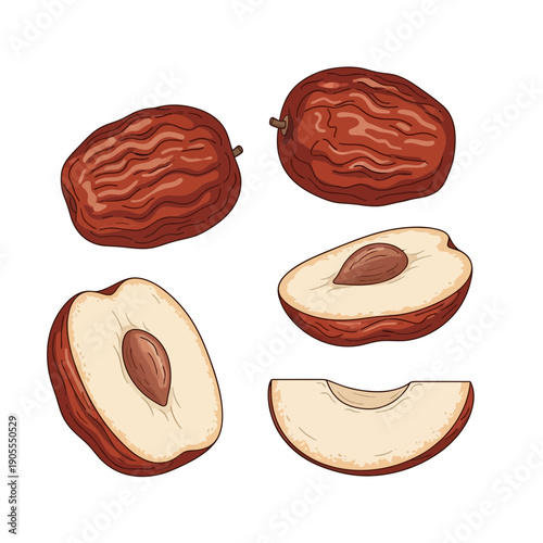 Whole and Sliced Jujubes on Transparent Background