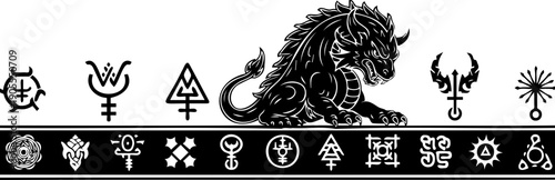 A mystical lion surrounded by various symbolic icons and ancient runes in a vector graphic design