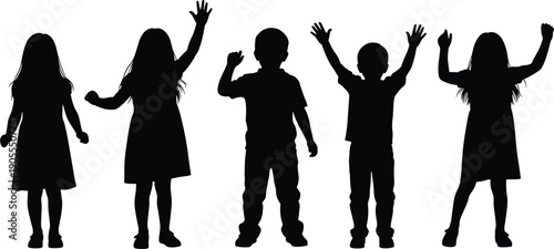 Happy children silhouettes vector set, group of kids standing and waving hands, boy and girl icons isolated on white background, school.