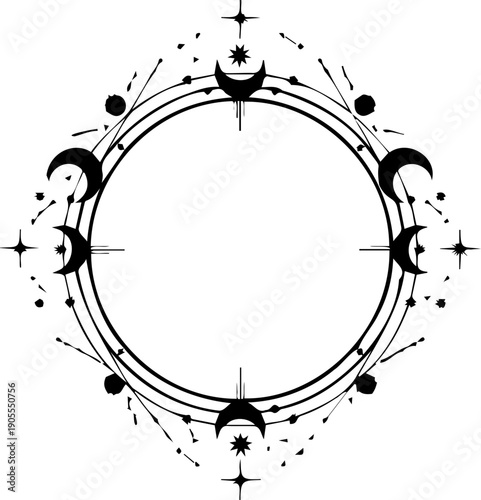 A minimalist vector graphic of a celestial circle with moons and stars on a white background