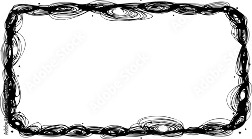 A black and white vector graphic border with swirling lines and a rectangular shape