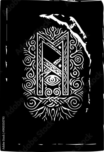 A mystical all-seeing eye symbol with intricate designs and swirling patterns in a black and white vector graphic