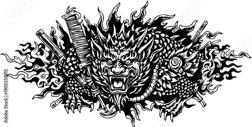 A fierce dragon head illustration with flames and swords in a vector graphic design