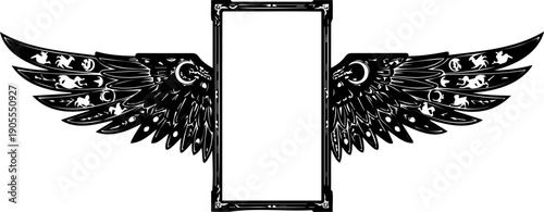 A minimalist vector graphic of angel wings with a rectangular frame in black silhouette