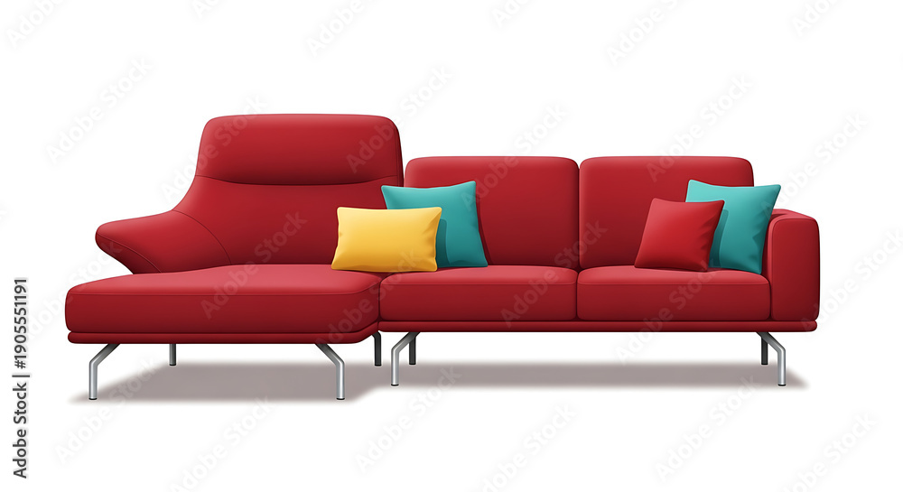 Fototapeta premium Red Sectional Sofa with Colorful Pillows on White Background