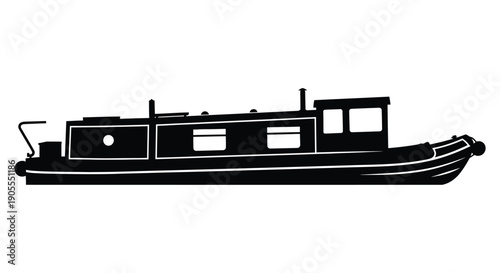 A stark black outline depicts a traditional narrowboat on calm waters creating a striking silhouette high quality professional detailed modern elegant stylish
