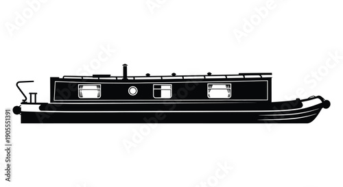 A sleek black narrowboat design is presented in a striking profile view emphasizing its form silhouette high quality professional detailed modern