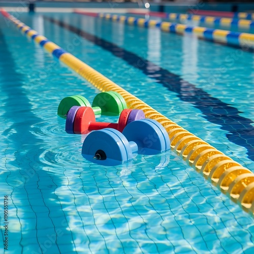 Water dumbbells floating in a swimming pool, fitness equipment.