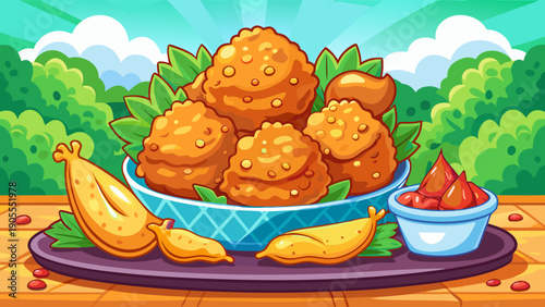 Cartoon vector illustration of crispy fried chicken pieces in simple flat colorful food style