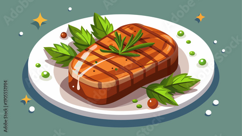 Cartoon vector illustration of grilled steak with herbs on plate in minimal flat food style