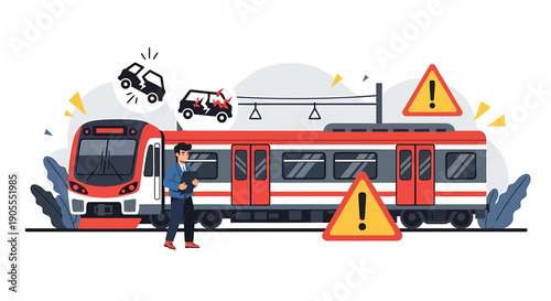 Train arriving at station with caution signs and falling objects nearby