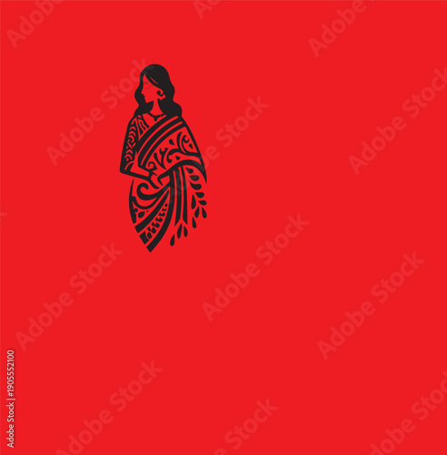 Graceful illustration of a woman in a traditional saree with ornate patterns, blending cultural elegance with minimal modern line art style.
