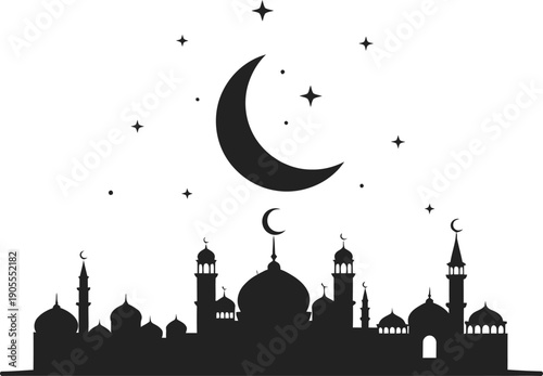 Islamic city skyline silhouette with multiple mosques and minarets under starry night sky for ramadan kareem and eid mubarak celebrations and middle eastern cultural heritage landscape illustrations