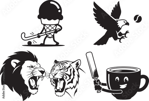 Vector black and white sports and food mascots set: ice cream playing hockey, eagle with baseball, roaring lion and tiger, coffee cup with baseball bat, isolated on white