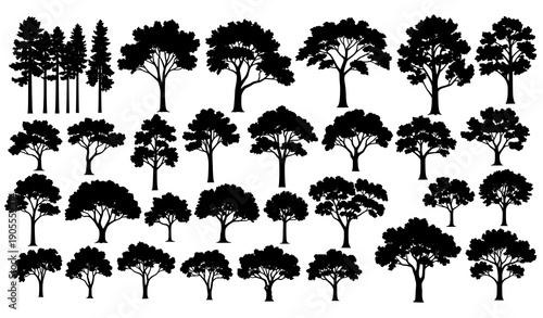 Ultimate black tree silhouette vector set with diverse forest and landscape tree shapes isolated on white