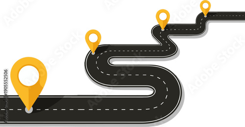 Curved road roadmap with yellow pin markers and white dashed lines on transparent background for journey concept art