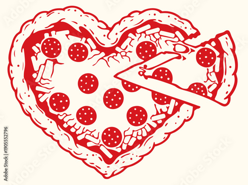 Hand drawn heart shaped pepperoni pizza slice, romantic whimsical Valentine’s Day food illustration for love cards,