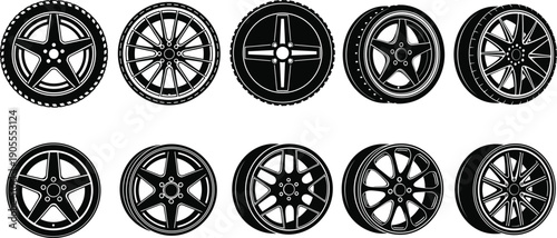 Car wheel rim silhouettes collection isolated on white background, alloy wheel designs for automotive, transport, racing, tuning, illustration, logo use