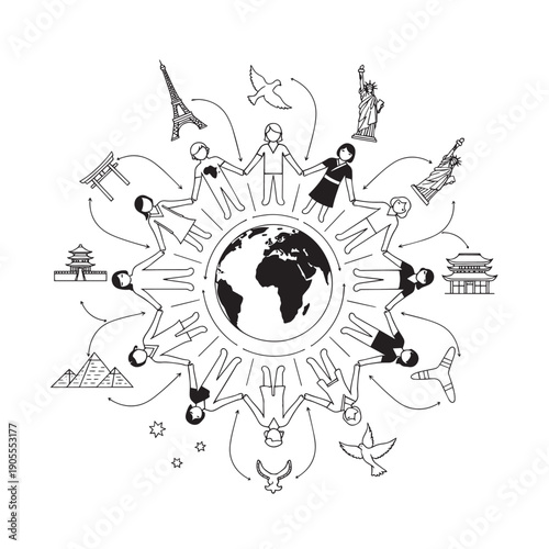 Global community illustration showing diverse people around the world.