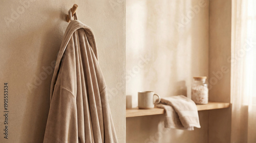 beige bathrobe hanging on hook in bathroom interior