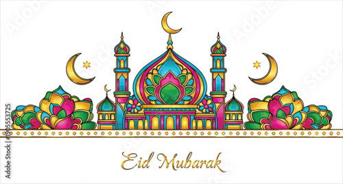 Festive Eid Mubarak Background, Ornate Mosque Illustration Surrounded by Symmetrical Floral Motifs and Crescent Moons in Bright Islamic Art Style